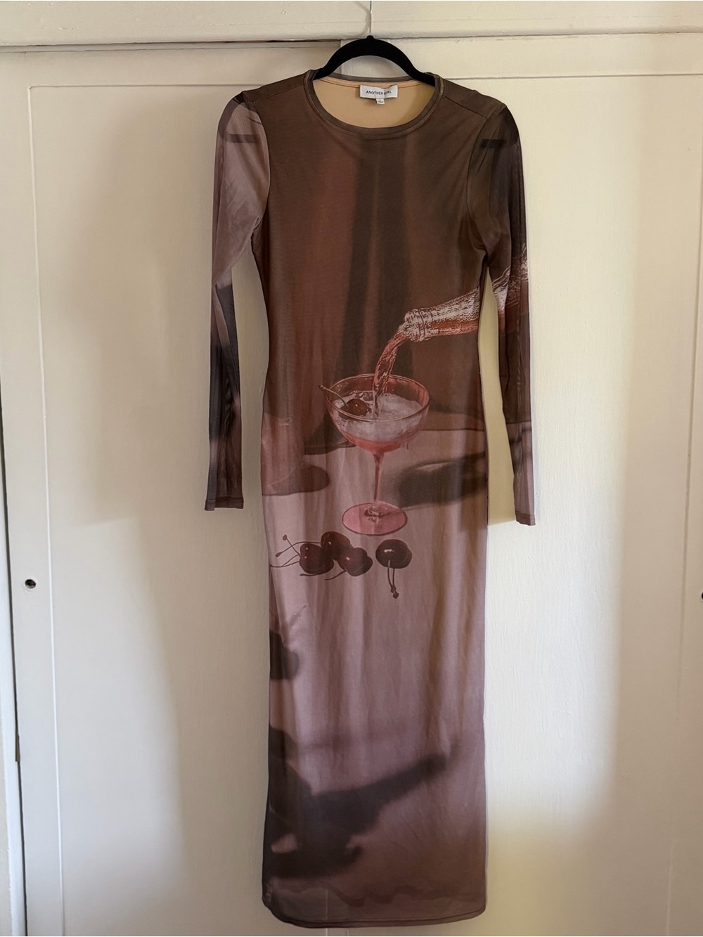 Sheer Long-Sleeve Printed Maxi Dress in Brown by Unknown Brand